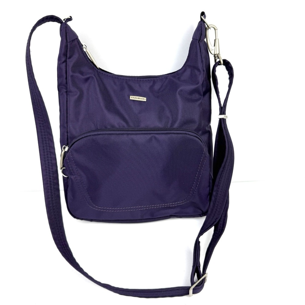 Travelon Essential Messenger Bag Purple Canvas RFID Anti Theft Travel Brand New‎